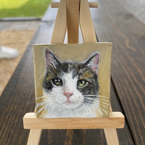 Cat Portraits, Cat Art, Custom Mini Pet Paintings, Miniature Painting on Canvas, 2&quot; x 2&quot; PLUS mini easel included