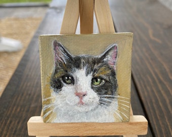 Custom Cat Portrait, Miniature Acrylic Painting on Canvas, Includes Easel (2" x 2")