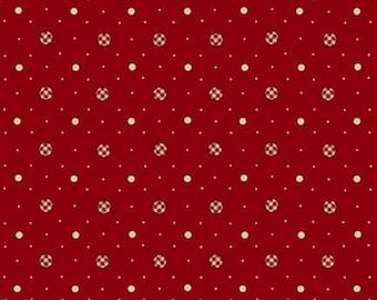 May include: A deep red fabric featuring a repeating geometric pattern of small, light-colored dots interspersed with larger, circular motifs that contain a subtle, grid-like texture within their design, creating a uniform and balanced visual layout.