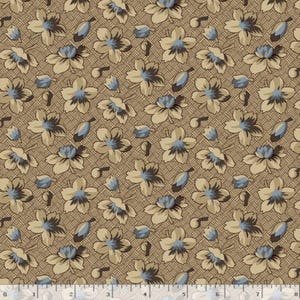 May include: Fabric with a repeating floral pattern. The flowers are beige with blue centers and brown accents, set against a brown woven background. The design includes flower buds and leaves, creating a vintage aesthetic.
