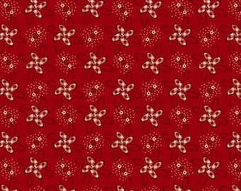 May include: A repeating pattern on a red background. The pattern features alternating floral and circular designs. The floral designs are in a gingham pattern with a cream and tan color scheme. The circular designs are white with small red dots.