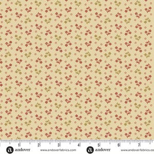 May include: A fabric with a repeating pattern of small red and gold floral sprigs and dots on a cream background. The fabric has a vintage or antique aesthetic, suitable for quilting or crafting projects.