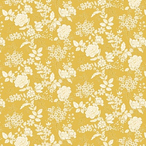 May include: Mustard yellow floral pattern featuring white flowers and leaves. The design includes large peony-like blooms, small clusters of blossoms, and delicate foliage, creating a seamless, all-over print.