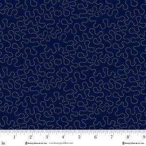 May include: Navy blue fabric with a repeating pattern of interconnected, dotted lines in a light gray color. The fabric has a ruler along the bottom edge, marked in inches, with the text "Henry Glass & Co. Inc."