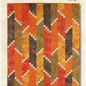 May include: A quilt pattern titled "Fire Escape" with a colorful design. The pattern features vertical stripes in shades of orange, red, yellow, and brown, with a zigzag pattern of white squares. The Atkinson Designs logo is at the top.