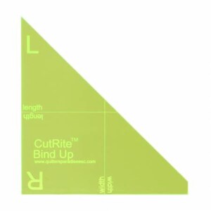 May include: A lime green, right-angled triangle quilting ruler with the text "CutRite Bind Up" and measurement labels. The ruler has "L" and "R" markings, and the website address is visible.