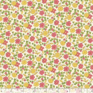 Peut inclure: Un tissu blanc avec un motif répétitif de petites fleurs roses et jaunes. Les fleurs sont dispersées aléatoirement sur le tissu, créant un design délicat et charmant.