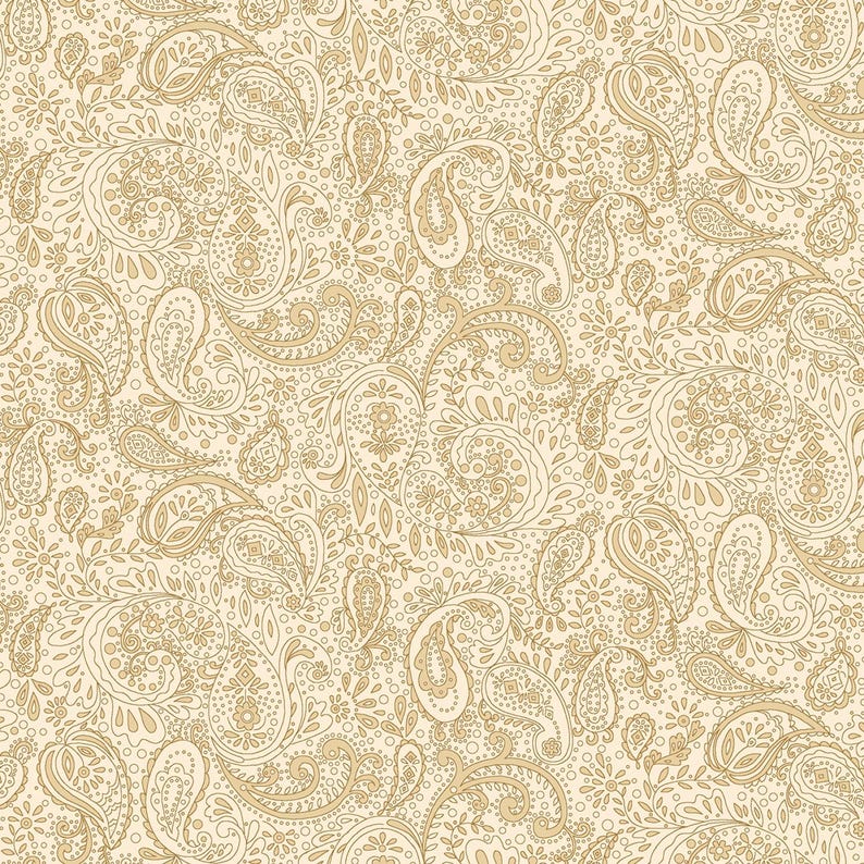 Butter Churn Basics Quilt Fabric by Kim Diehl for Henry Glass Fabrics.  

A beautiful collection of neutral fabrics that blend traditional florals and paisleys in rich shades of cream, beige and tan.

This fabric features a delicate cream background adorned with a small, intricate paisley pattern in soft golden hues.