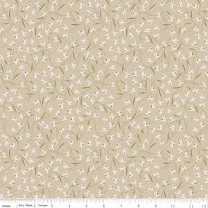 May include: Tan fabric with a repeating pattern of white bell-shaped flowers and green stems. The flowers have brown accents. The fabric is from Riley Blake Designs.