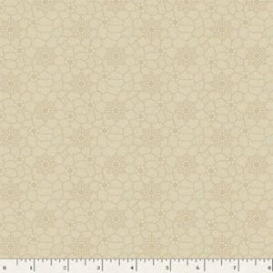May include: Tan fabric with a repeating pattern of floral shapes and connecting lines. The design is a lighter shade of tan than the background, creating a subtle contrast. The fabric is measured in inches.