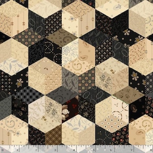 May include: A fabric featuring a repeating geometric pattern of hexagons in shades of black, cream, and tan. Each hexagon displays a unique floral, vine, or dotted print. A ruler at the bottom shows measurements in inches, indicating a scale of 8 inches.