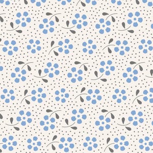 May include: A repeating pattern of light blue flowers with gray leaves and small gray dots on a cream background. The flowers are evenly spaced and arranged in rows, creating a delicate and floral design.