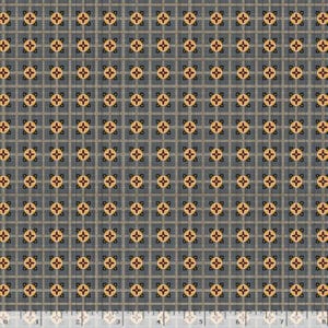 May include: A repeating pattern of small, stylized floral designs in red and gold, set within a grid of tan and black lines, on a gray background. The design is reminiscent of vintage fabric patterns, suitable for quilting or crafting projects.