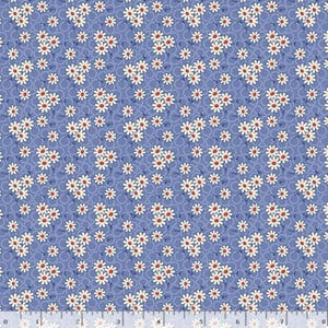 May include: A blue fabric with a repeating pattern of white daisies with red centers. The daisies are arranged in clusters, with small white dots and curved lines in the background. The fabric is suitable for quilting or sewing projects.