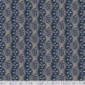 May include: A blue and white floral fabric with a repeating pattern of small white flowers and leaves on a dark blue background. The fabric has a subtle gradient effect, with the blue color becoming lighter towards the top of the image.