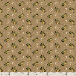 May include: Tan fabric with a repeating pattern of green and yellow fruit clusters, white dotted hearts, and dark green leaves. The fabric has a textured appearance, with a subtle woven effect. The design is evenly spaced across the surface.