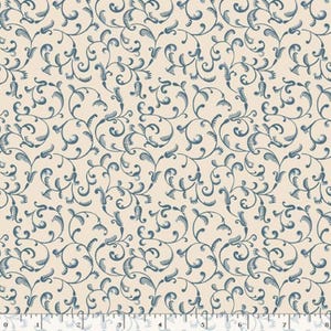 Puede incluir: Una tela crema sin costuras con un patrón repetitivo de enredaderas florales estilizadas azules. El patrón es intrincado y delicado, creando un aspecto clásico y elegante.