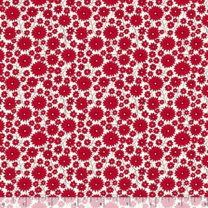 May include: A fabric with a repeating floral pattern. The design features red flowers of varying sizes on a cream-colored background. The flowers have detailed petals and are connected by thin, dark stems.