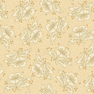 Pode incluir: Um padrão sem costura que apresenta um desenho repetitivo de flores brancas com folhas delicadas sobre um fundo bege claro. O fundo também é salpicado de pequenos círculos dourados.