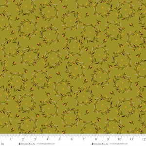 May include: Olive green fabric with a repeating pattern of circular wreaths made of leaves and berries. Small floral accents are scattered throughout the design. The fabric is measured in inches.