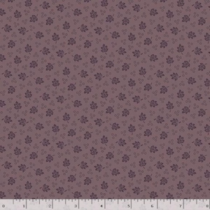 May include: Mauve fabric featuring a repeating pattern of dark purple leaves and dots. The leaves are small and stylized, arranged diagonally across the fabric. This material is suitable for quilting and craft projects, with measurements in centimetres.