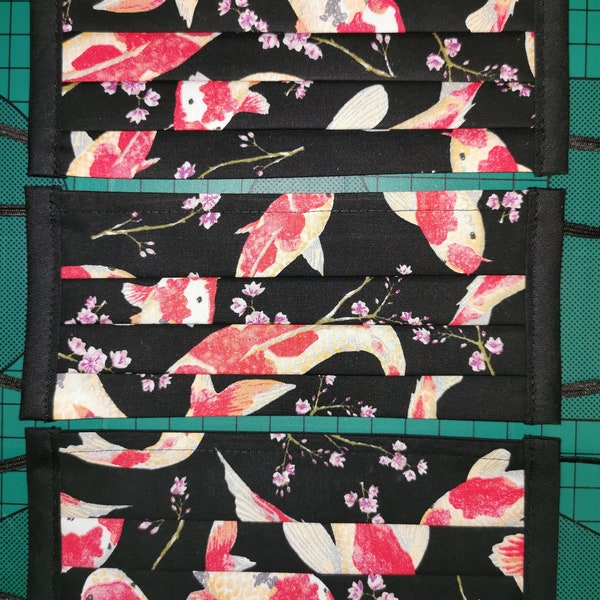 SALE Face mask,  cotton, nose wire, washable, reusable hand made face mask, Adult / teenager, koi carp Black./Face Covering.