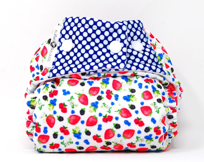 Cloth Diaper : Strawberries Blueberries Print Cover or Pocket Diaper (One Size) Baby Shower Gift, Baby Nursery