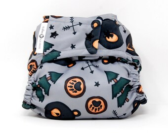 Woodland Black Bear Cloth Diaper – Reusable Camping Theme Adventure Baby Gift