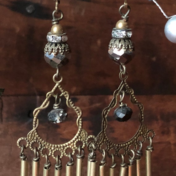 Handmade Antiqued Brass Dangle Earrings: Faceted … - image 2