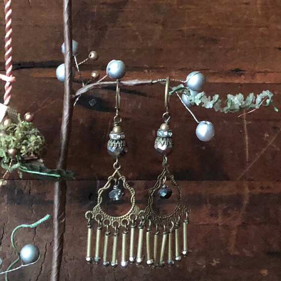 Handmade Antiqued Brass Dangle Earrings: Faceted … - image 1