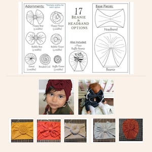 May include: A product guide for 17 beanie and headband options, featuring line drawings of adornments like bows and flowers, base pieces, and a ruffle beanie. Below are photos of headwear in various colours including mustard, red, and grey.