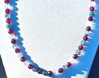 Rare Blue Rutile Quartz and Faceted Garnet Necklace