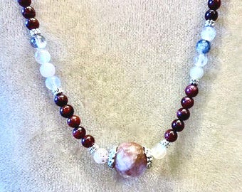 Large Focal Bead Rutile Quartz and Garnet Necklace Stunning Inclusions!