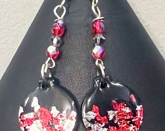 Red and Silver Foil Ceramic Ornament Earrings