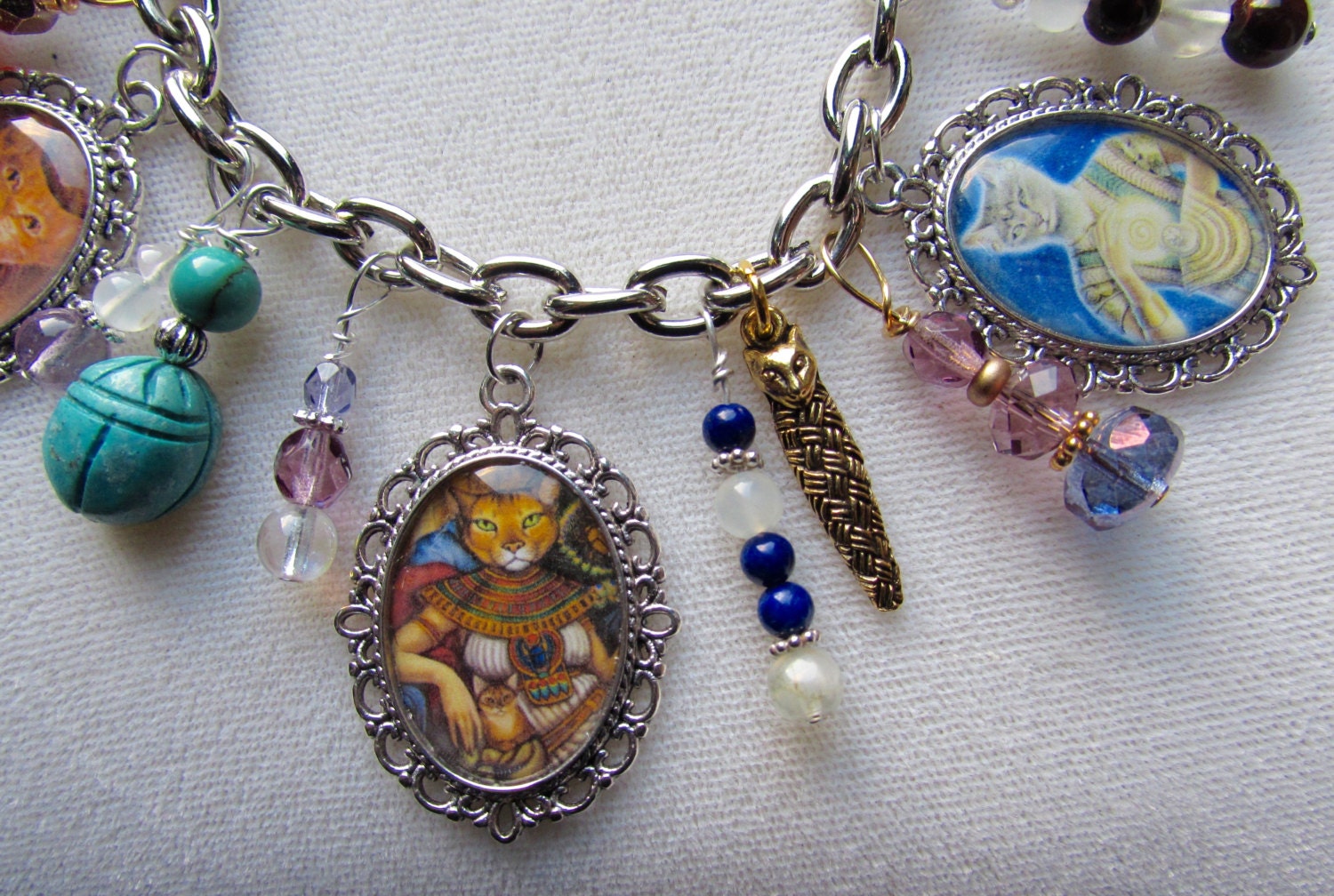 Bastet Altered Art Charm Bracelet With Genuine Gemstones Etsy