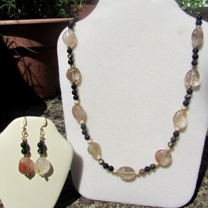 Genuine Multi-Colored Rutile Quartz Nugget and Gold Obsidian Necklace & Earrings Set