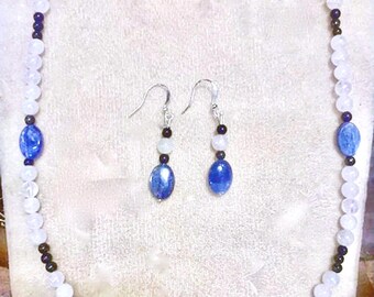 Large Kyanite, Rainbow Phantom Quartz & Pyrite Necklace Earrings Set