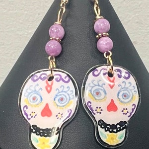 Large Colorful Sugar Skull Ceramic with LepidoliteEarrings