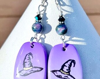 Purple Ceramic Witch Hat Galaxy Tiger Eye Earrings