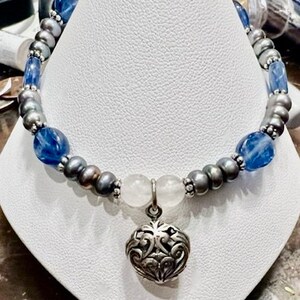 Shimmering Kyanite and Pearl Bracelet with Sterling Charm