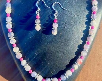 Iolite with Sunstone Pink Tourmaline Necklace Earrings Set