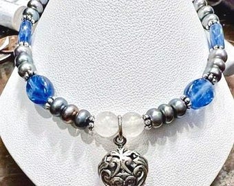 Shimmering Kyanite and Pearl Bracelet with Sterling Charm
