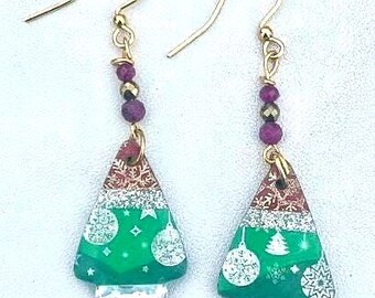 Ceramic Washi Paper Christmas Tree Earrings