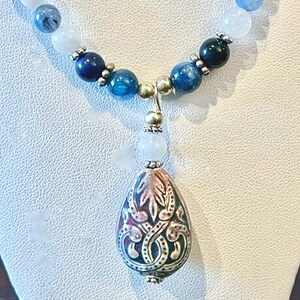 Raku Pottery and Genuine Rainbow Moonstone, Kyanite and Obsidian Necklace