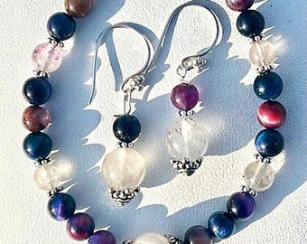 Bright Blue Pink Tiger Eye & Rutile Quartz Bracelet/Earring Set