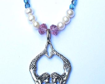 Double Mermaid Necklace with Genuine Fresh Water Pearls, Apatite and Crystals
