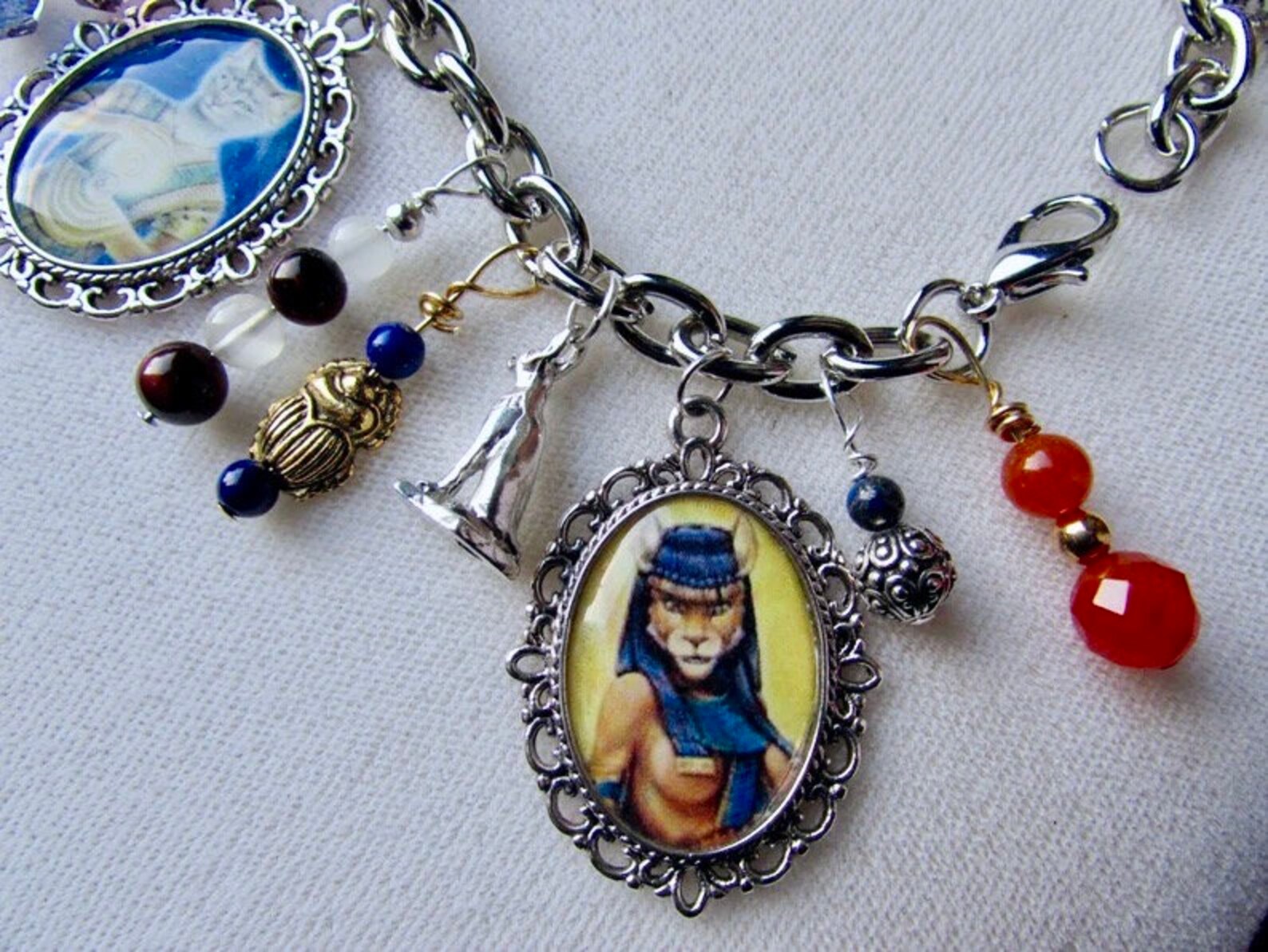 Bastet Altered Art Charm Bracelet With Genuine Gemstones Etsy