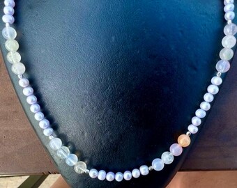 Lilac Pearls and Pastel Phantom/Rutile Quartz Necklace