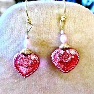 Shimmering Crackle Foil Glass Heart Earrings with Pearls and Gold Vermeil