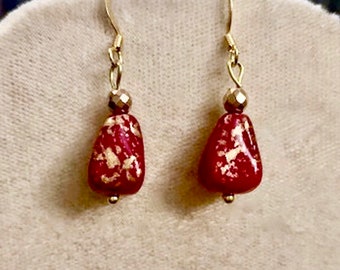 Red & Gold Czech Glass and Pyrite Earrings